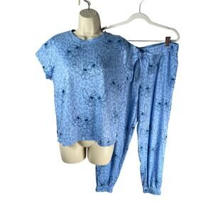 Disney Lilo & Stitch 2pc Pajama Set Womens M 8/10 Blue Short Sleeve Jogger Pants